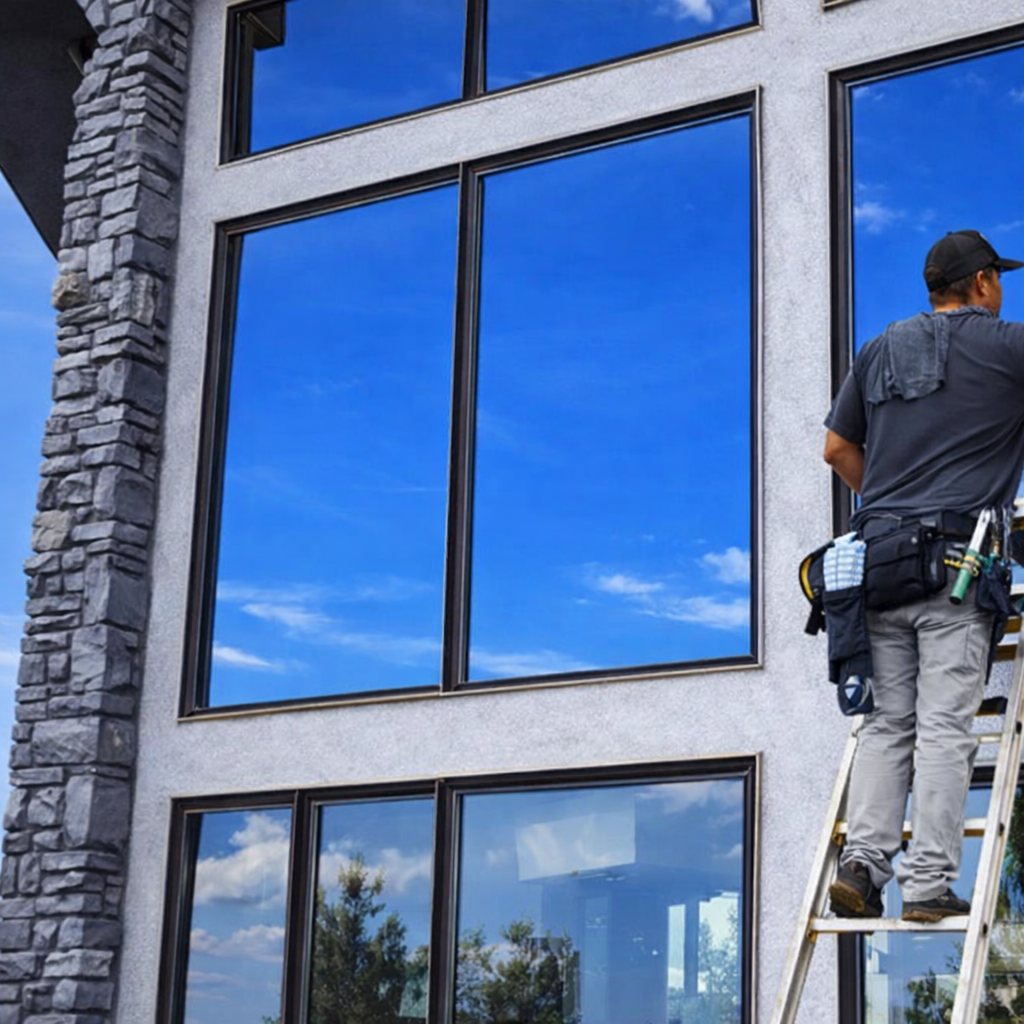 Window Cleaner crew member washing windows on ladder